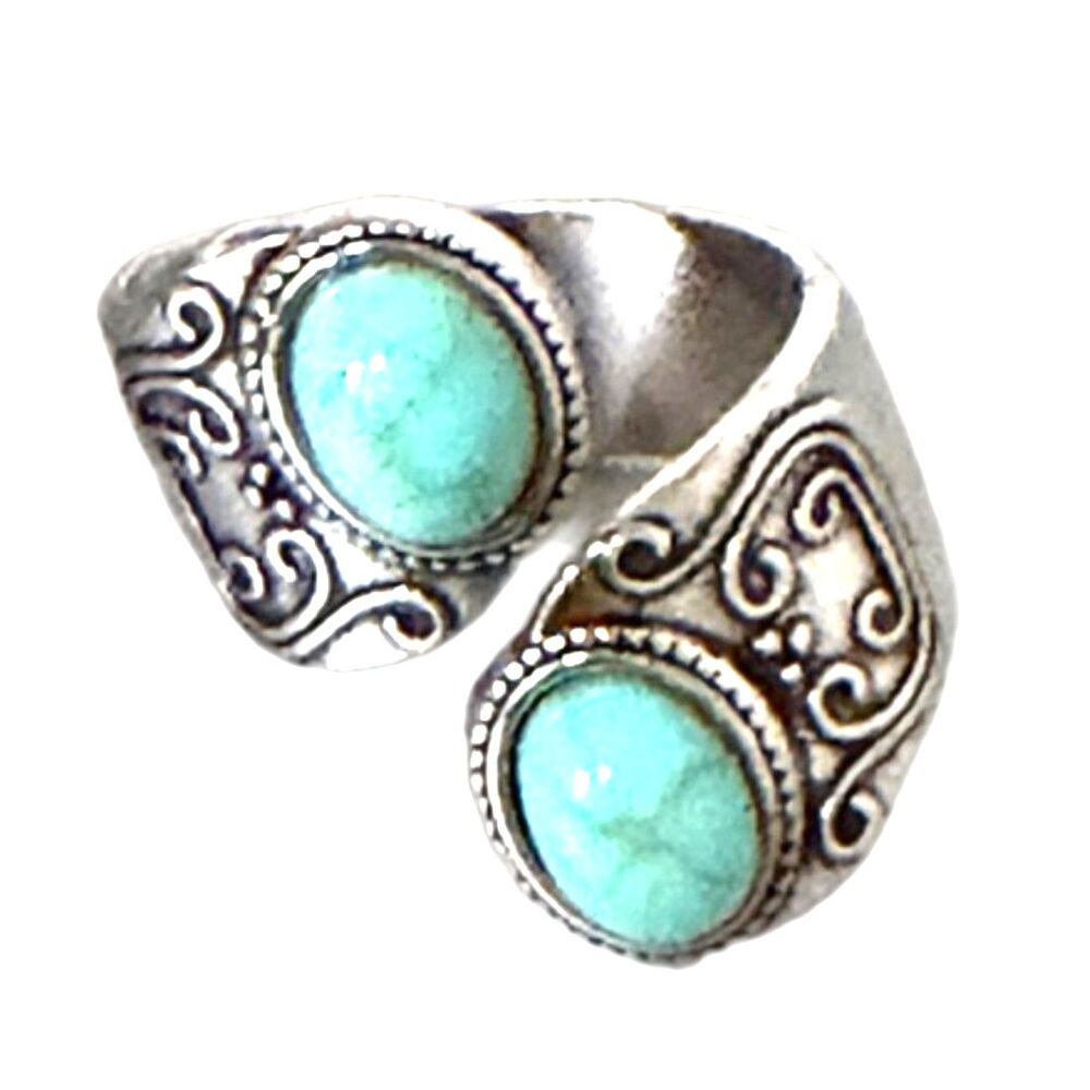 NWT Vintage Style Adjustable Faux Turquoise Wrap Ring Silver Tone Bohemian